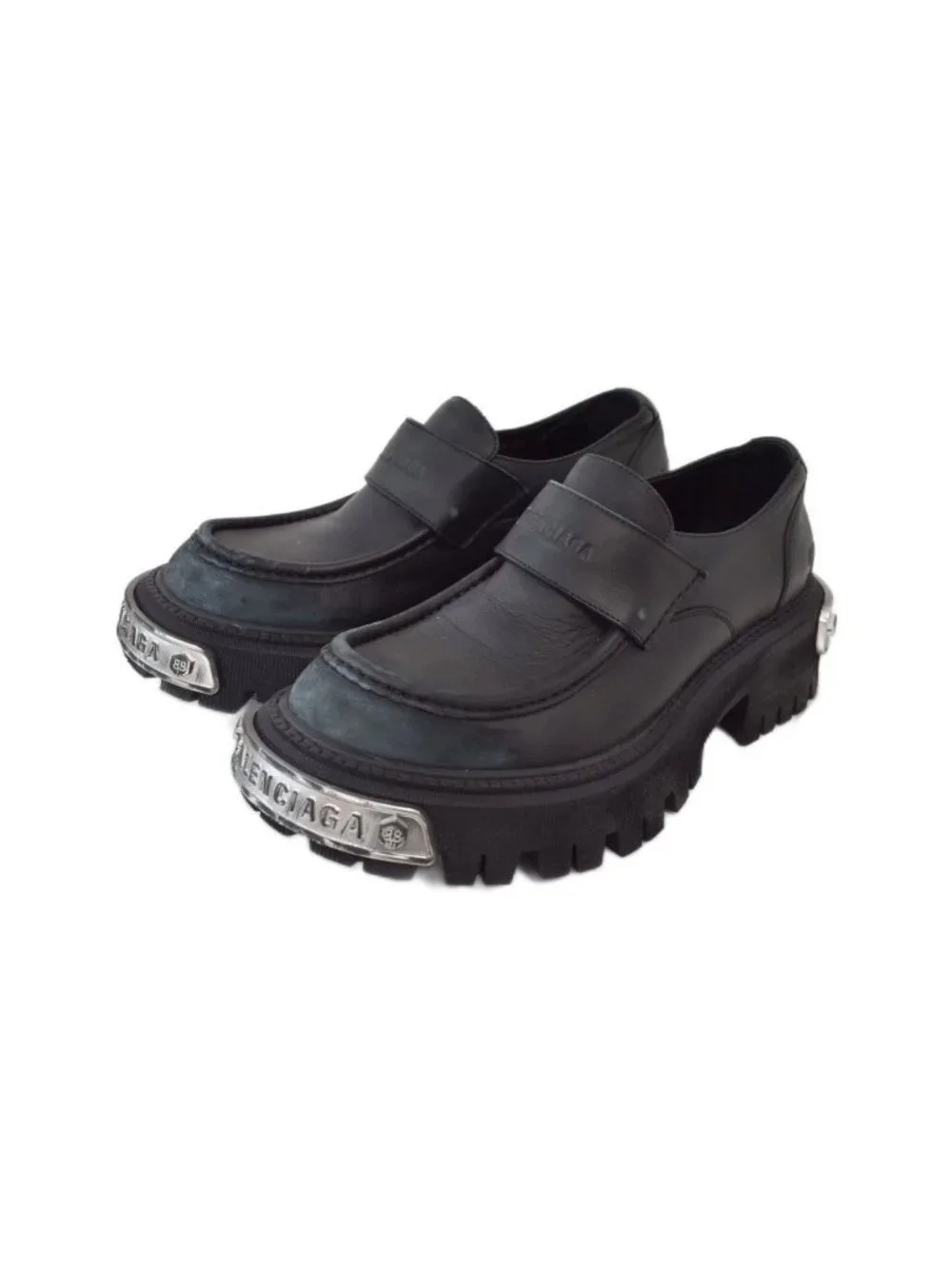 Balenciaga Tractor Loafer Logo Plate Distressed Leather Black
